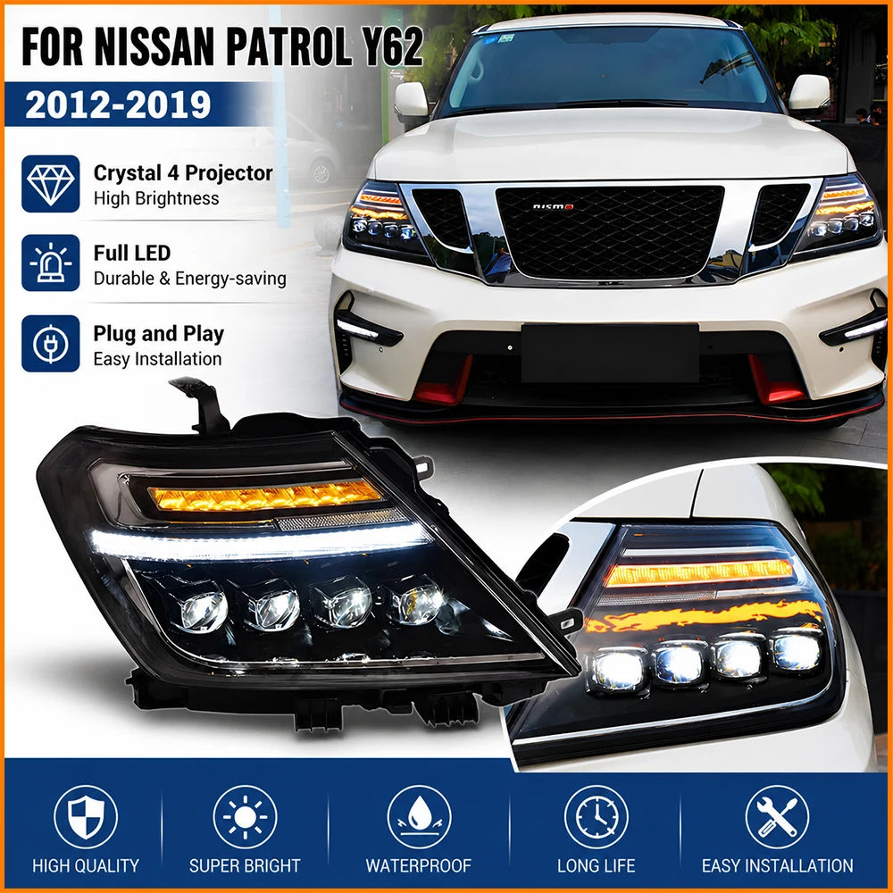 Car Light for Nissan Patrol Y62 2012-2019 LED Auto Headlight Assembly Upgrade Crystal Projector 4 Lens Hot Sale Accessories