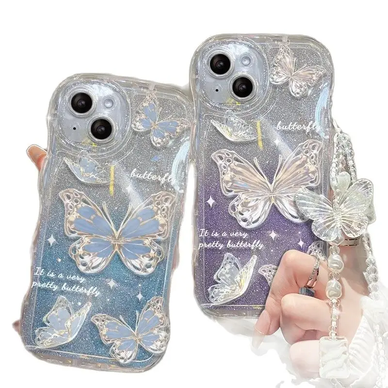 Funda con cordón degradado de mariposa brillante para iPhone, 14, 13 Pro Max, 12, 11, X, Xr, Xs, 8, 7 Plus, SE, Transparent Ming