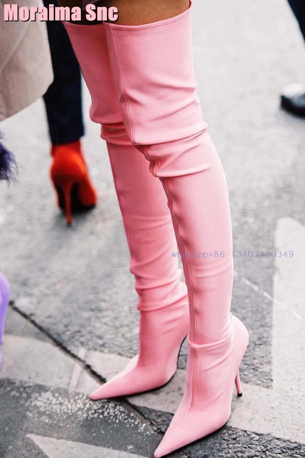 

Pink Satin Pointed Toe Thigh High Boots Stiletto High Heel Sexy Fashion Women's Long Stretch Boots Solid 2024 New Autumn Winter