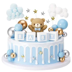 38Pcs Blue Bear Cake Decorations Teddy Bear Stars Clouds Gold Silver Foam Boy Girl Birthday Gender Reveal Party Cake Decoration