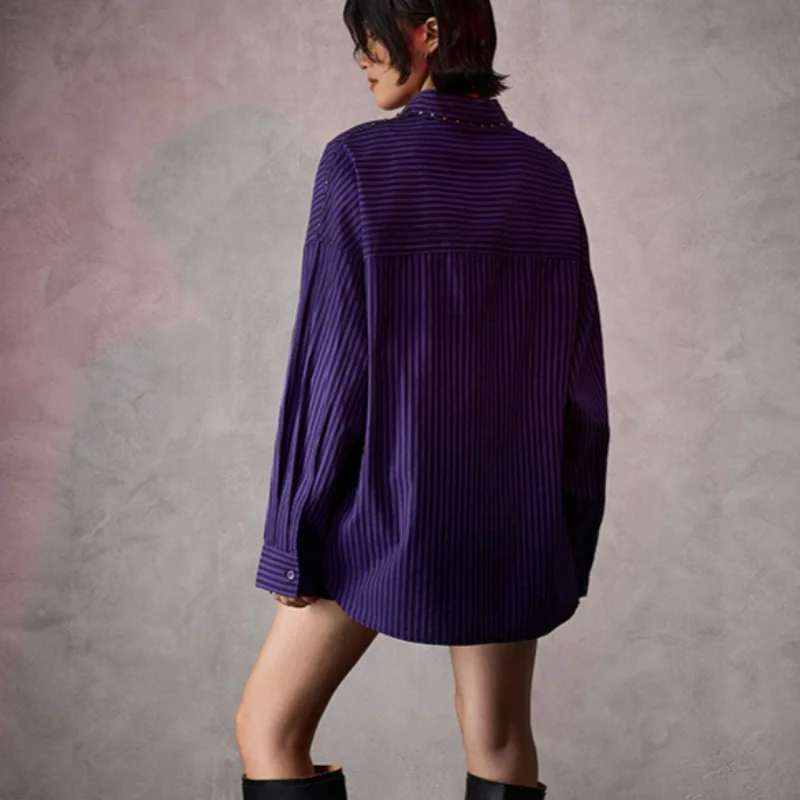 Women Vertical Striped Shirts Autumn Gradient Tide Brand Loose Design Rivet Mid-length Blouse Cotton Fashion Tops Long-sleeved