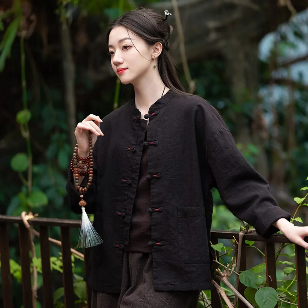 

Women's Retro Chinese Style Button Top Cardigan Cotton Linen National Fashion Collar Wrapped Tang Coat New 25