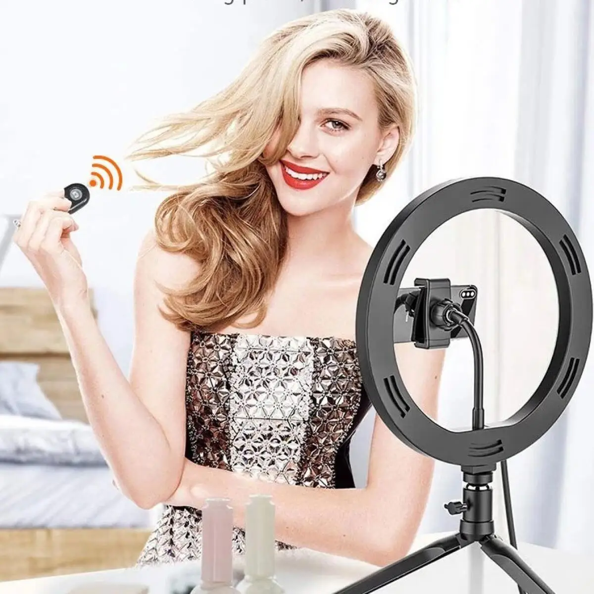 Lampu Selfie LED Ring 26cm 10 inci, Kit Pencahayaan Fotografi dengan Peredupan, Lampu Isi Ulang USB dengan Tripod untuk Video Langsung, 120 Lampu LED
