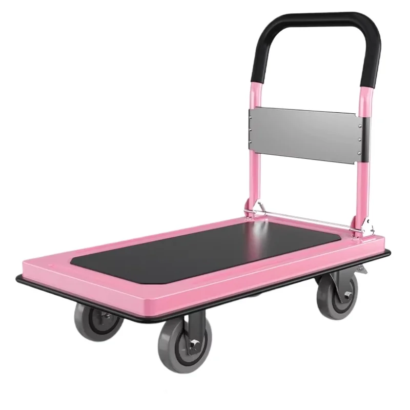 

Pink pull express trolley, silent steel beam folding steel plate cart, flat hand push truck