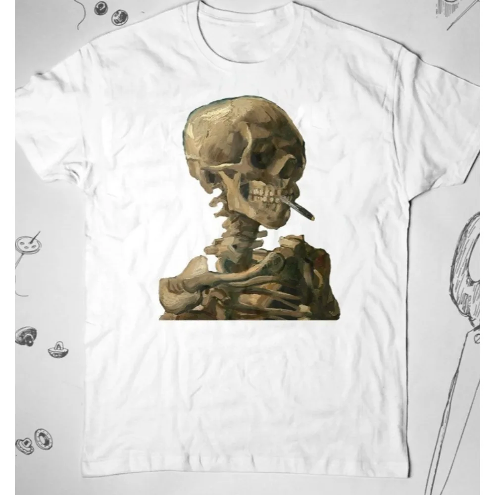 Skeleton T Shirt Trendy Graphic Design Vintage Van Gogh Art Aesthetic Painting Smoking Skeleton Gothic Unisex Shirt Gift Idea