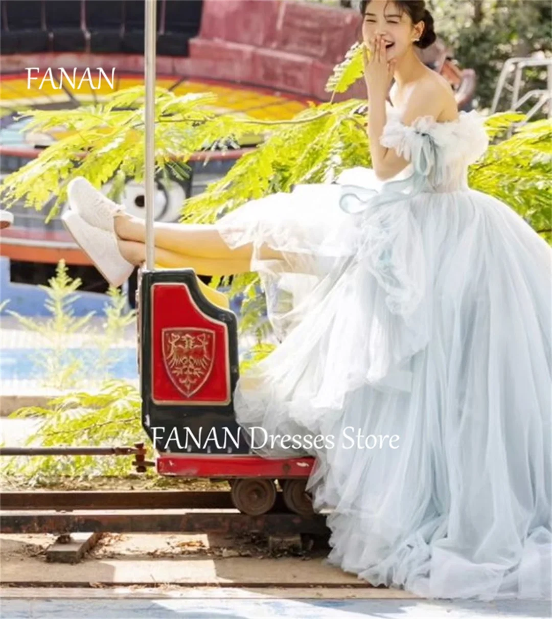 FANAN Ruffles Evening Party Dresses Korea Princess Tulle Customized Blue Fairy Wedding Women Formal Gowns Event Prom Gowns