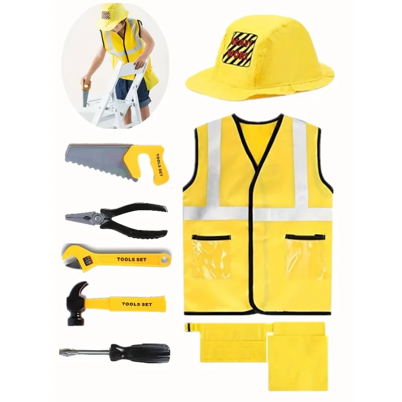 Toddler Construction Worker Vest Costume, Worker 5 Piece Playset, Yellow Reflective Vest with Tools, Party Dress Up