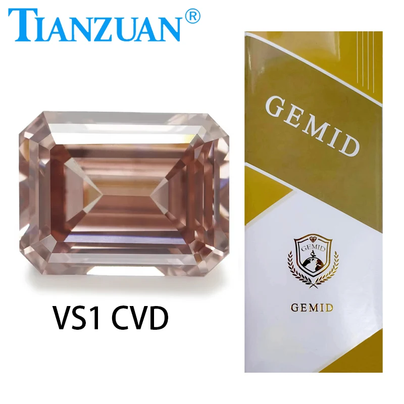 Lab Grown Diamond CVD Emerald Cut Fancy Brownish Pink Color 1.098CT VS1 2EX Loose Gemstone Bead with GEMID Certified