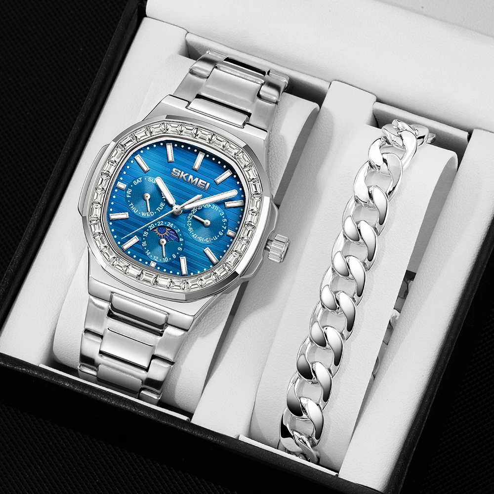 

SKMEI Роскошные кварцевые наручные часы из нержавеющей стали Классические деловые часы с датой Водонепроницаемые светящиеся мужские кварцевые наручные часы из нержавеющей стали