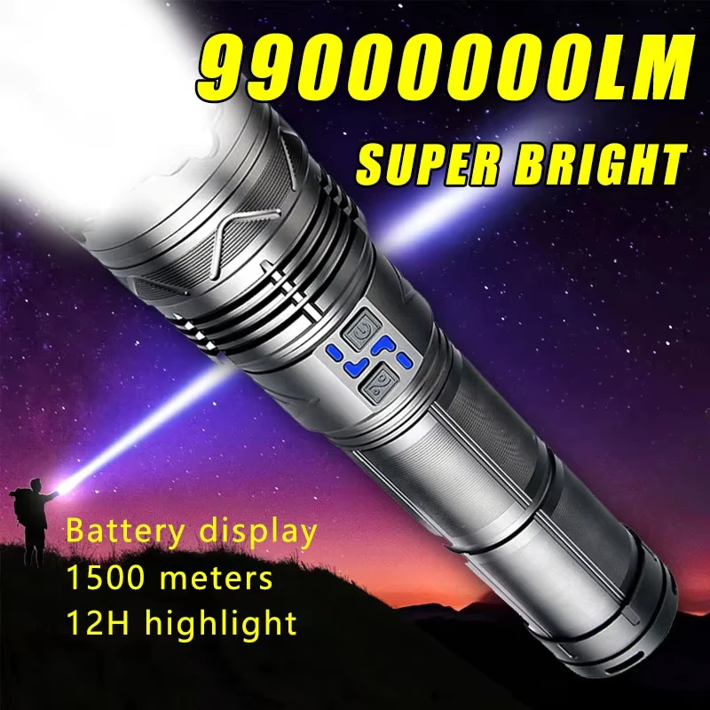 Super Bright Rechargeable Lamp Powerful LED Flashlight Long Range Zoom Emergency Lantern Outdoor Camping Torch Power Display