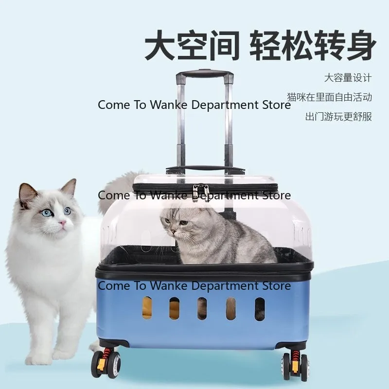 Large Capacity Pet Trolley Luggage Transparent Breathable Ca-t Carrier Multifunctional C-at Stroller for Outdoor
