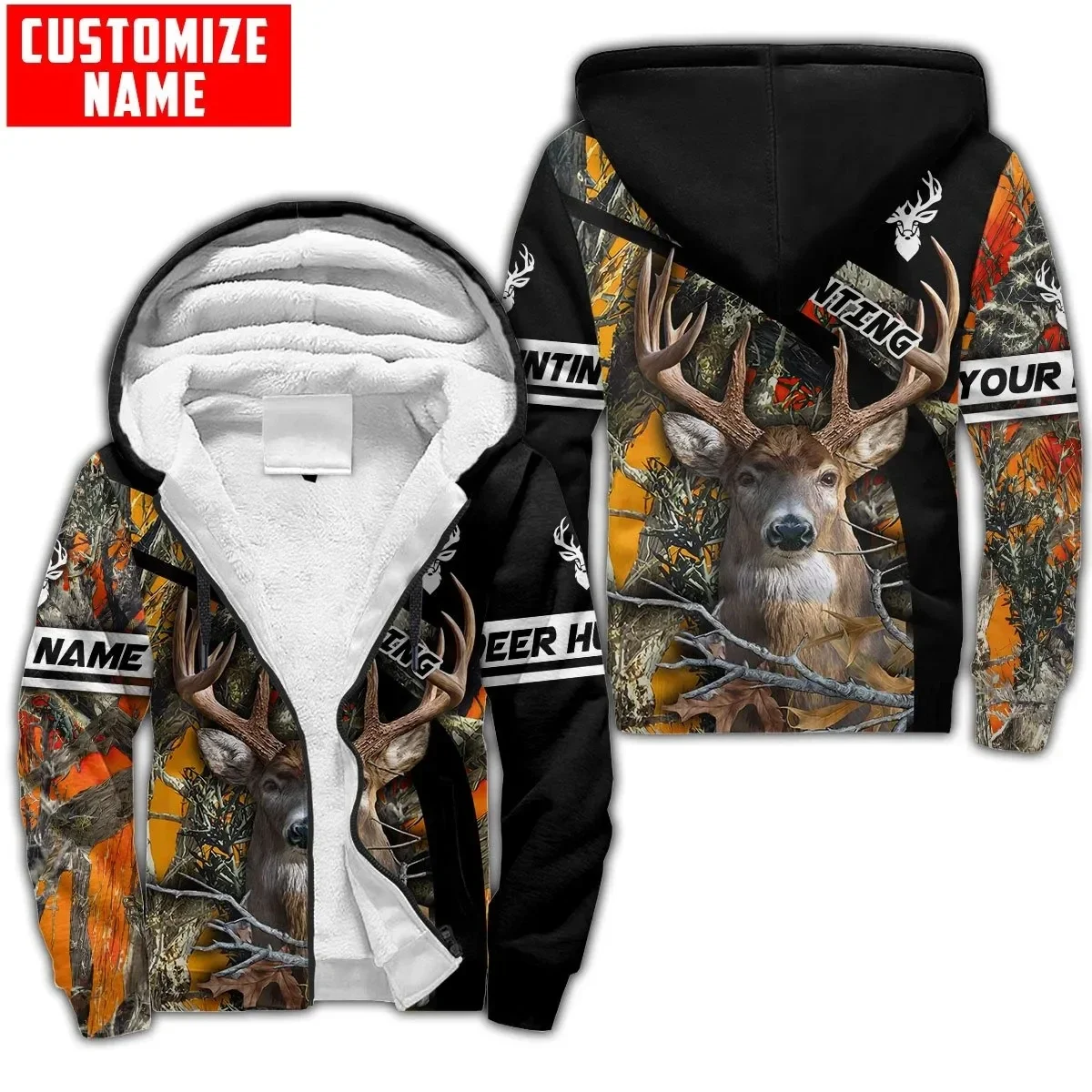 Customized Name Deer Hunting 3D Printing Men's Winter Thickened Zipper Hoodie Unisex Casual Hooded Coat Warm Wool Jacket