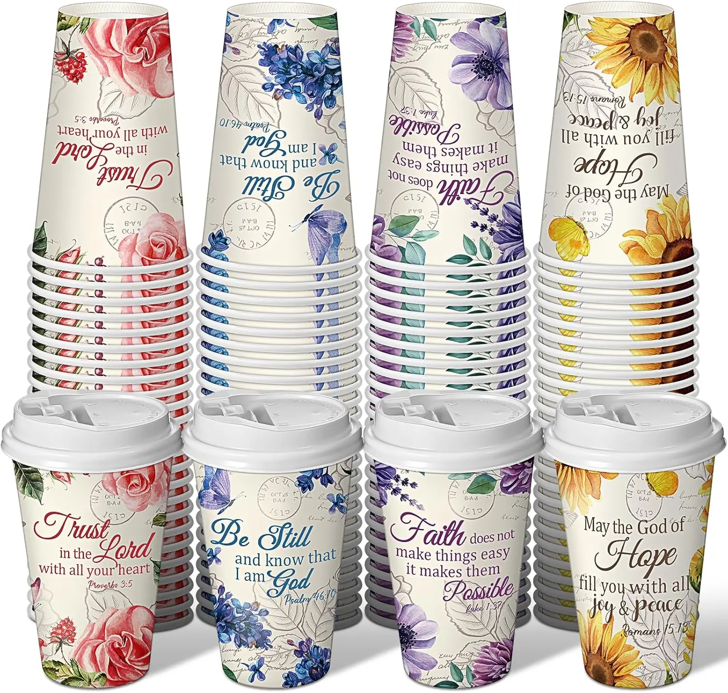 

100 Pcs Christian Disposable Coffee Cups with Lids 16 oz Floral Tea Scripture Paper Cups Bulk Bible Verse Coffee Drinkwa
