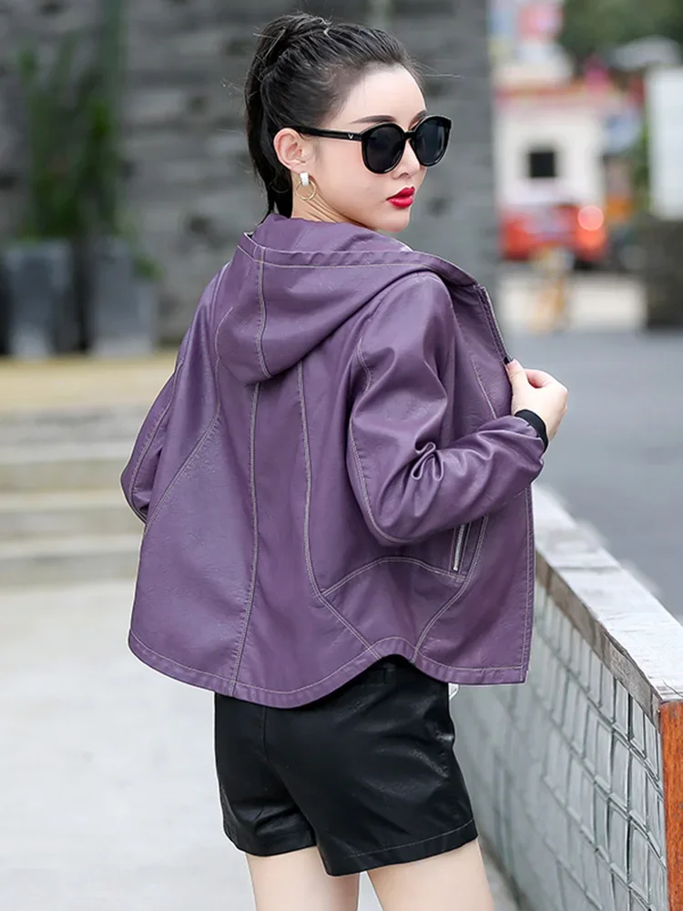 

New Women Hooded Leather Jacket Spring Autumn Long Sleeve Split Leather Outerwear Loose Short Sheepskin Tops Coat JJ223