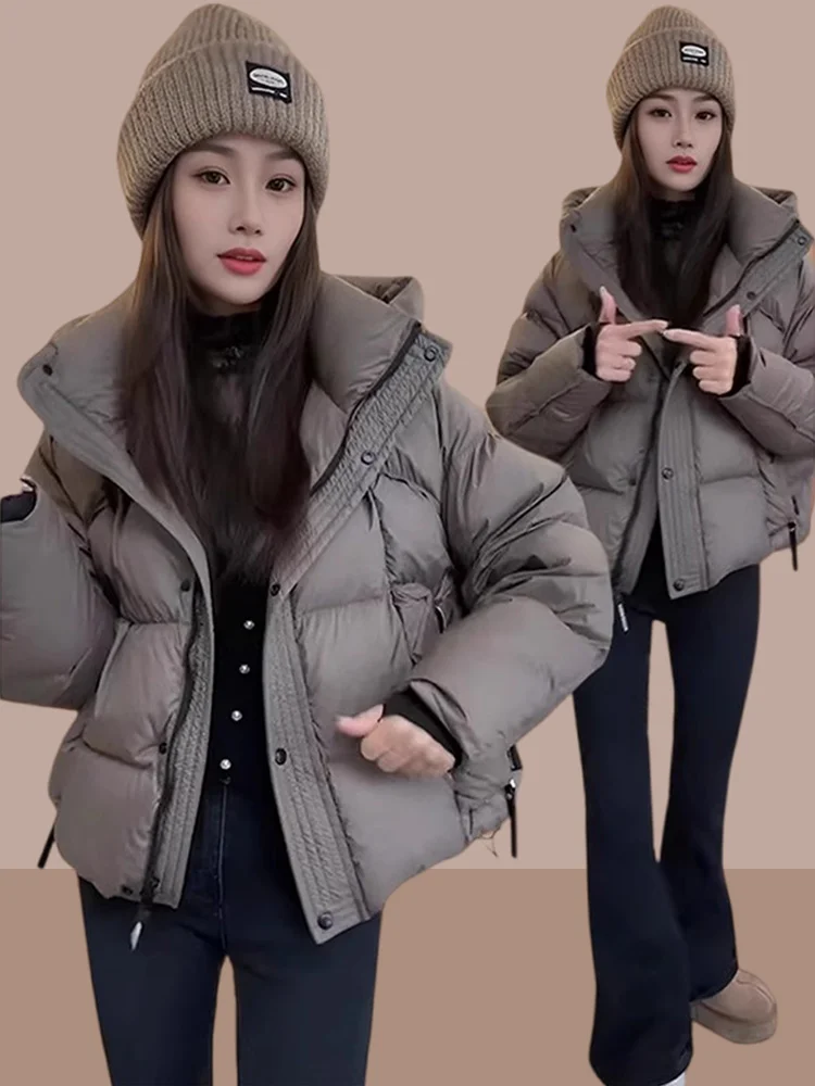 

Caramel Short Cotton Jacket Women's Thickened Winter Coat Cloud Puff Hooded Coat Korean Style Loose Fit Long Sleeve Zipper
