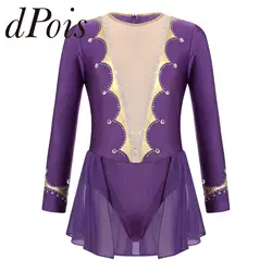 Kids Girls Shiny Rhinestone Gymnastics Dance Leotard Dress Figure Ice Skating Dress Long Sleeve Skating Wear Performance Costume