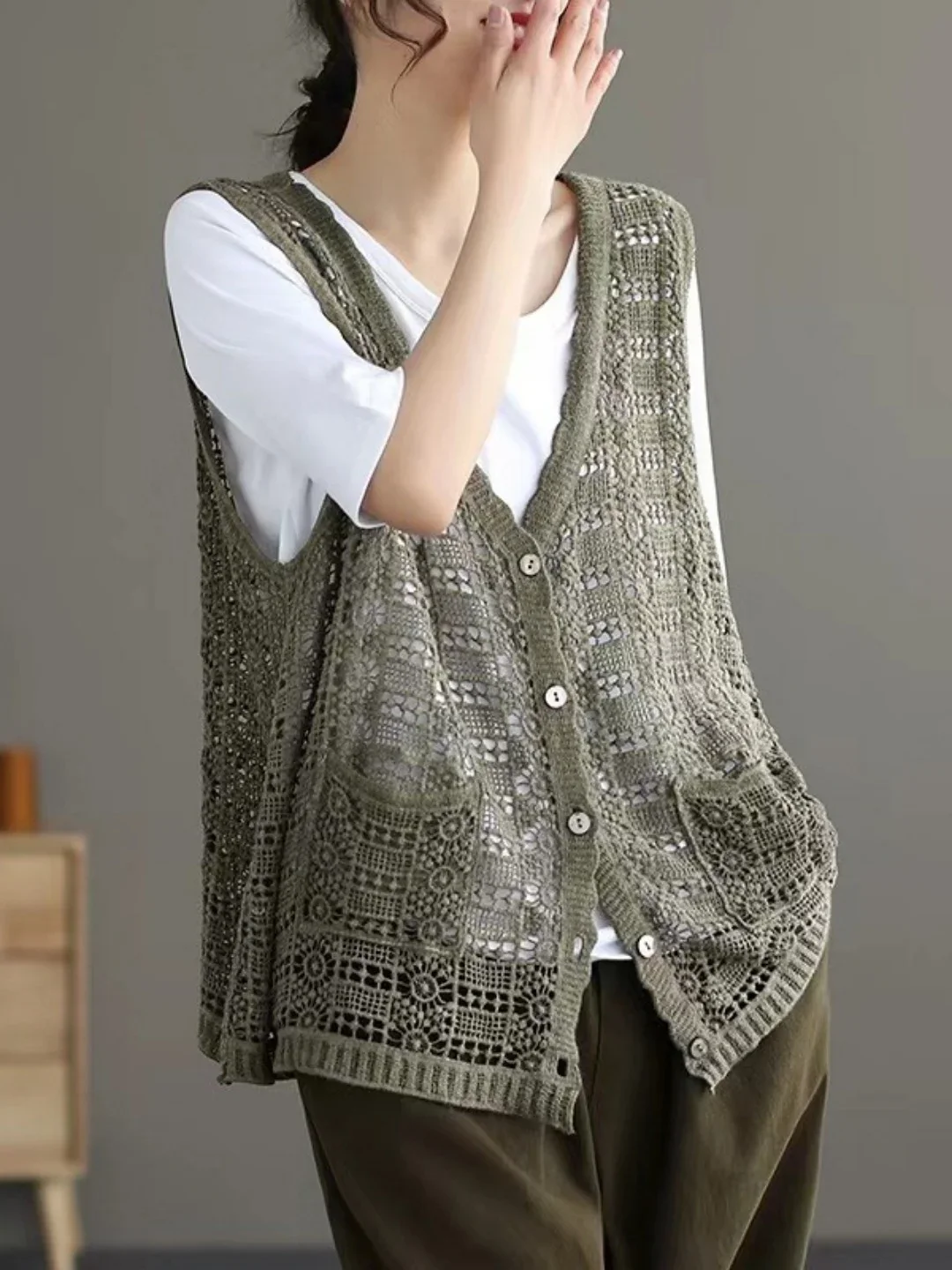 

Spring Summer Loose Casual Sli Open Cardigan Outerwear Retro Polka Dot Net irt Vest Faionable Knitted Hollow out Vest