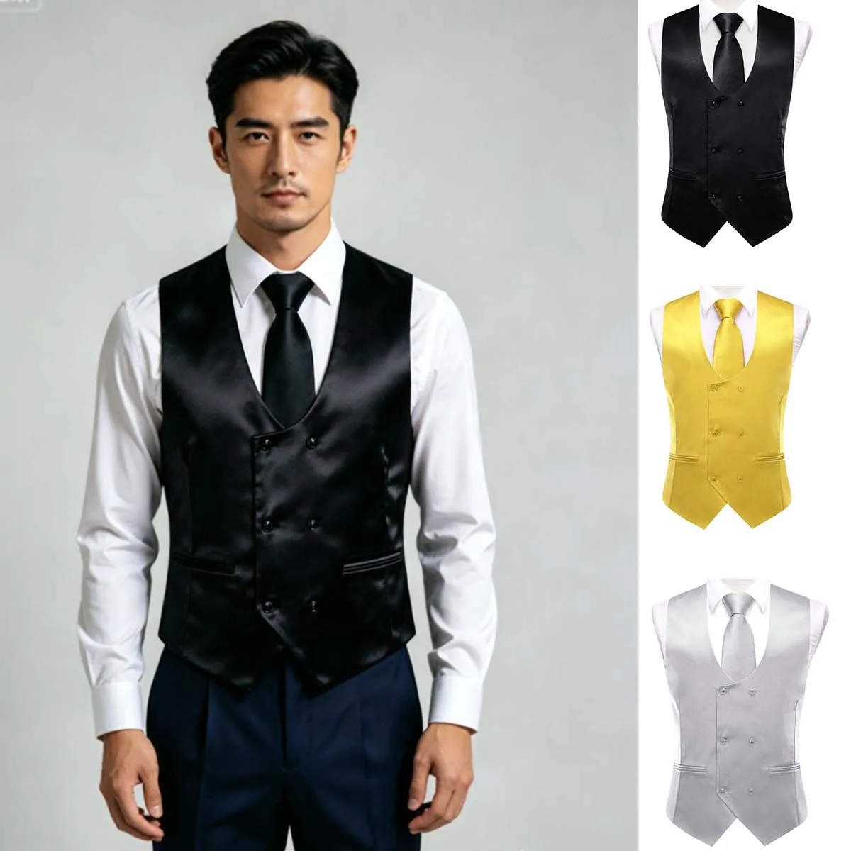 

Men U-Collar Double Breasted Vest Full Set with Tie Bowtie Pocket Square Cufflinks Business Party Wear