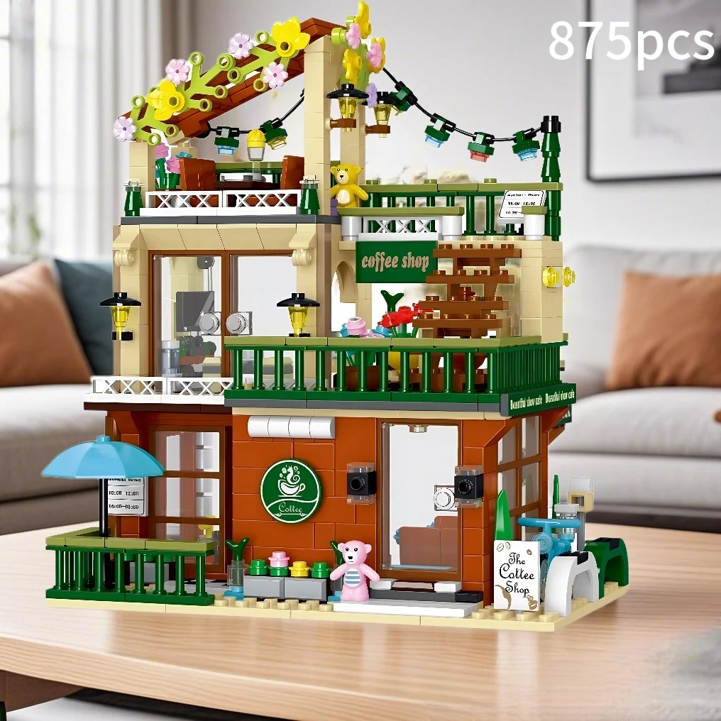 20204 arquitectura creativa vista a la calle moderna ciudad grande cafetería montaje bloques de construcción regalo de cumpleaños de Navidad