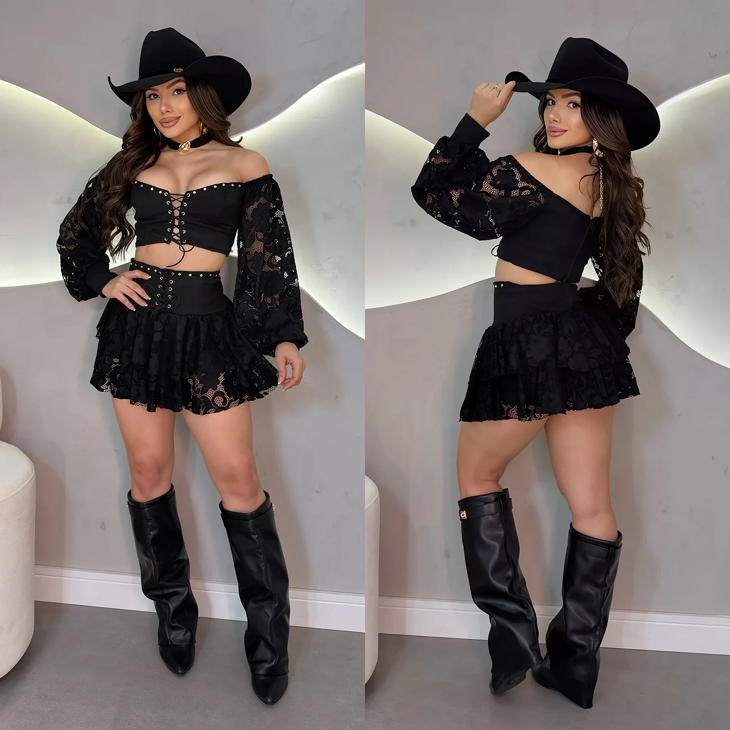 C78292026 New Women's Erotogenic One-shoulder. Lace-tie   Short Top And High-waisted Mini Skirt Set Luxury Lace Prom