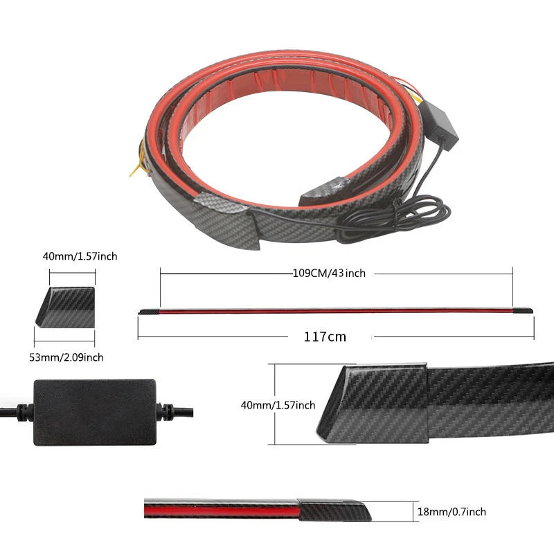 120cm Carbon Fiber 12V Auto Trim New Rubber Trunk Rear Roof Bumper Wing Lip Spoiler Strip Warning Tail Light for Cars