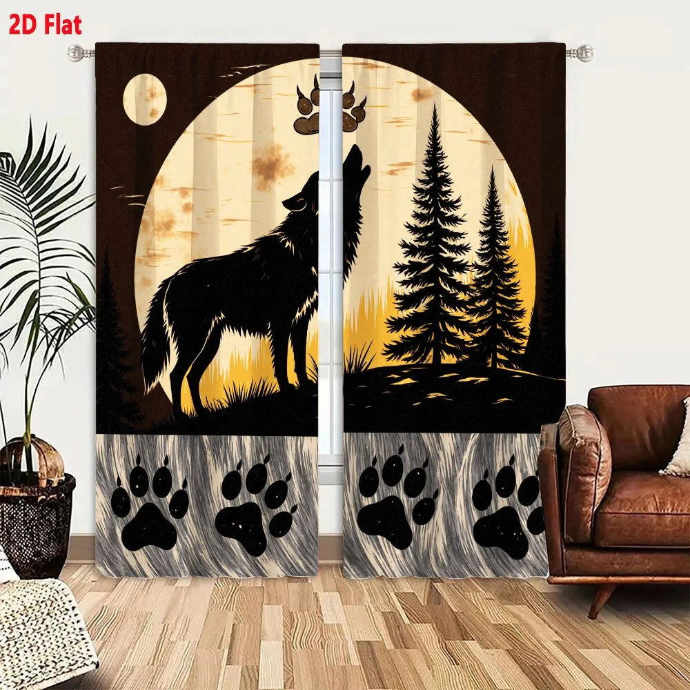 2Pcs Curtains 2D Flat Black And White Wilderness Scene With Silhouetted Wolf Howling At Floating Paw Print Full Moon Evergreen T