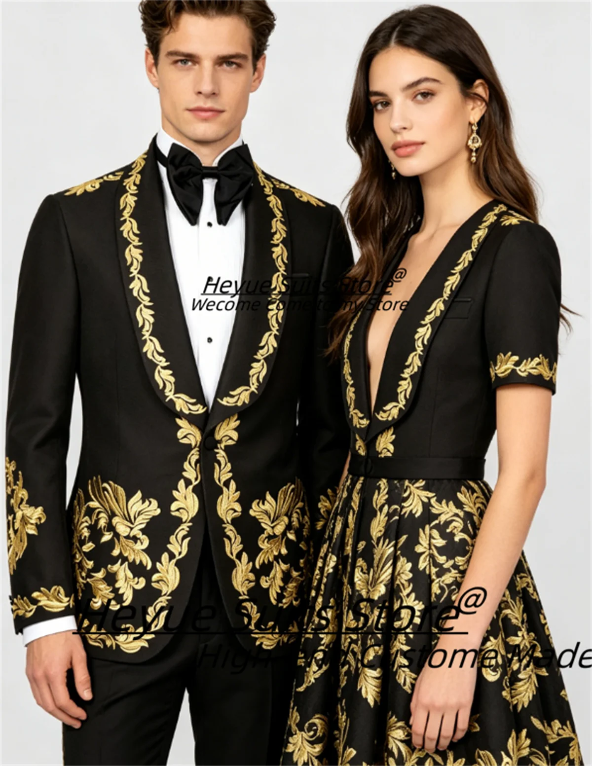 

High-end Gold Embroidery Formal Men Suits Customized Slim Fit Shawl Lapel Groom Wedding Tuxedos 2 Pieces Sets trajes para hombre