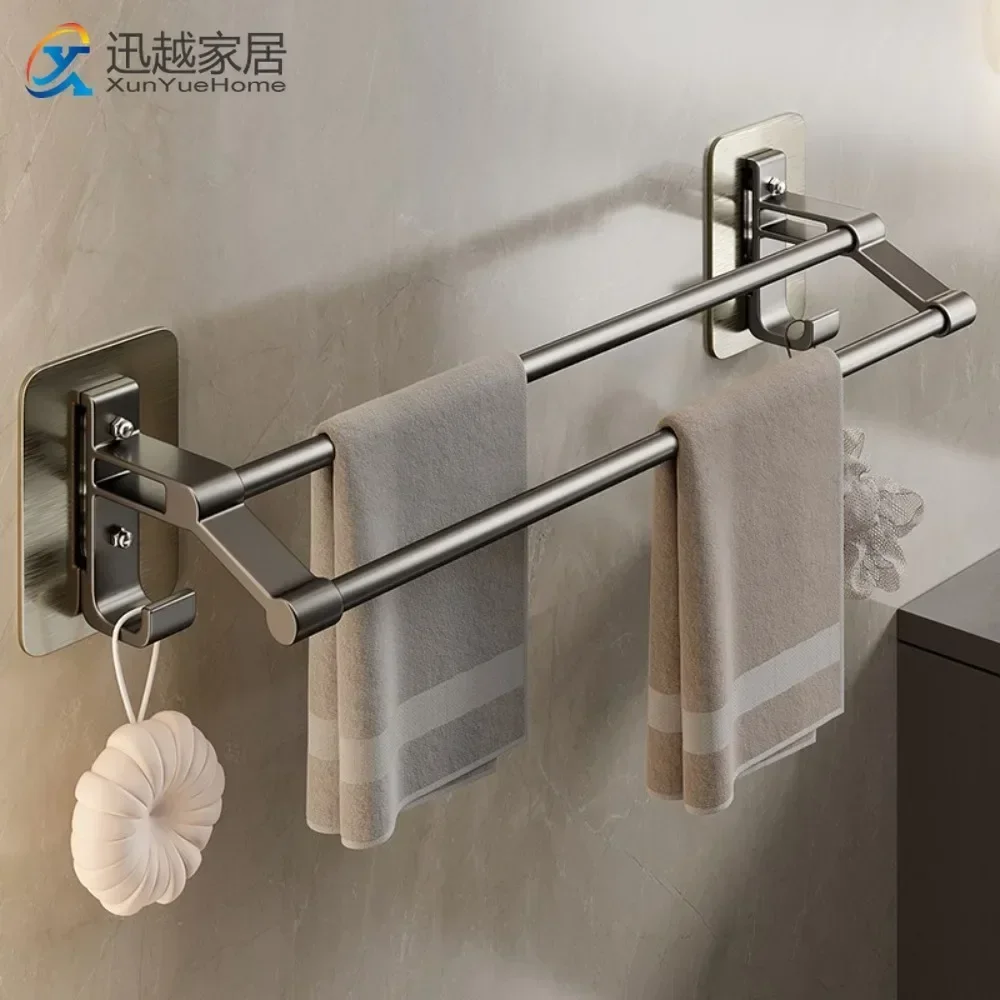 

Self-Adhesive Bathroom Towel Rack Clothes Holder Gun Gray Aluminum Double Pole Bar With Hook Without Drilling Toilet Accessories