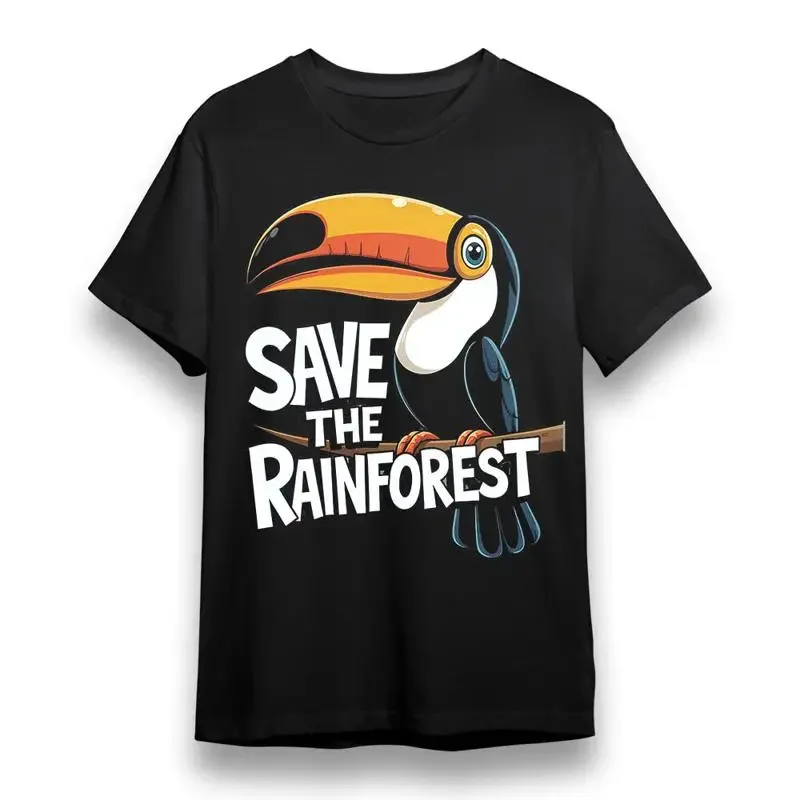 Herren-T-Shirt mit Aufdruck „Save The Rainforest“, schwarze Baumwolle, USA