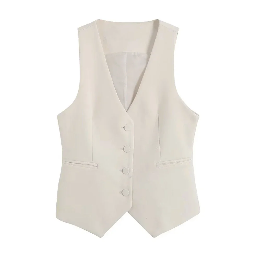 

Women Fashion Front Button Fitted Waistcoat Vintage Sleeveless Welt Pockets Female Outerwear Chic Vest Tops