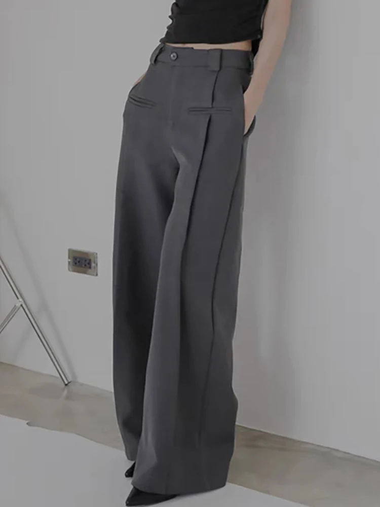 PBAP خمر مطوي رمادي دعوى السراويل النساء الصلبة لصق جيوب عالية الخصر ثنيات واسعة الساق السراويل الطويلة الصيف ملابس كاجوال #2