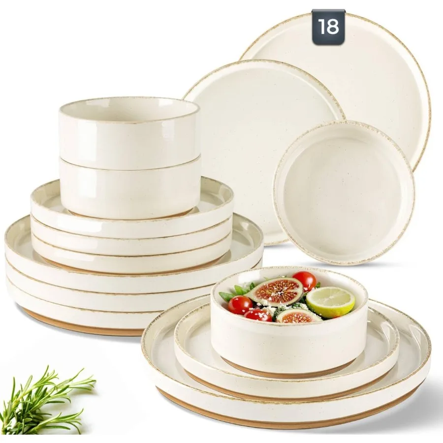 

Ceramic Dinnerware Sets for 6 18 Pieces Handpainted Plates and Bowls Set with Rustic Terracotta Underside Scratch Resistant Sto
