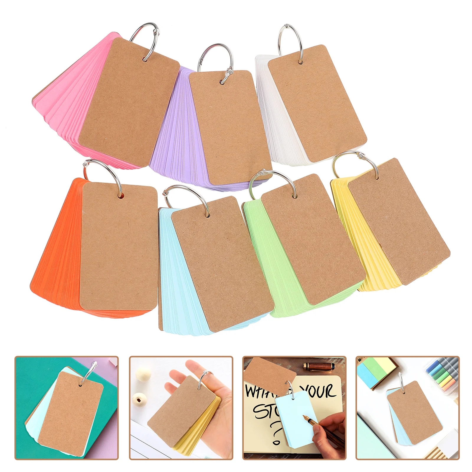 7 Sets Note Card DIY Pads Blank Words Cards Flash with Binder Ring Mini Clips Colorful Flashcards Loose Leaf Rings