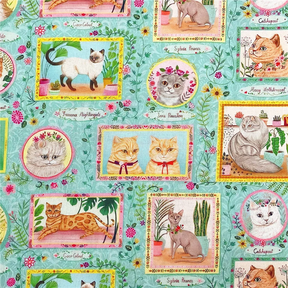 Vintage cute Floral cat  Photo Frame Cotton Fabric Kitten Printed Cloth Sewing Quilting Fabrics For Patchwork DIY Materials