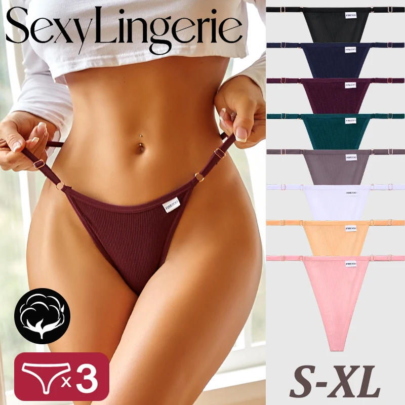 FINETOO 3PCS Women's Seamless Cotton Fabric Thongs Sexy Low Waist Thread Cotton Underwear Female Breathable Adjust-Belt G-String