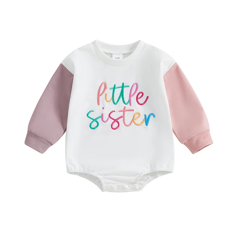 

Baby Girls Sweatshirt Romper Letter Embroidered Contrast Color Long Sleeve Round Neck Fall Jumpsuits