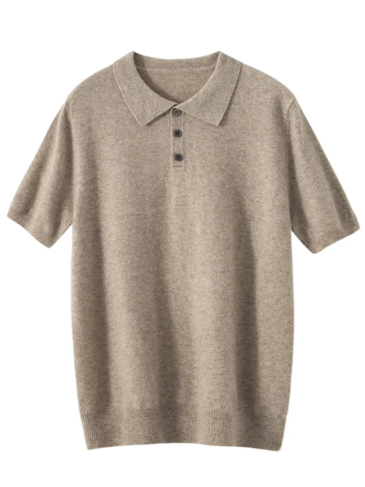 Pulôver masculino de cashmere polo, suéter 100% de cashmere camiseta de manga curta, roupa de escritório confortável, malha casual, verão e primavera