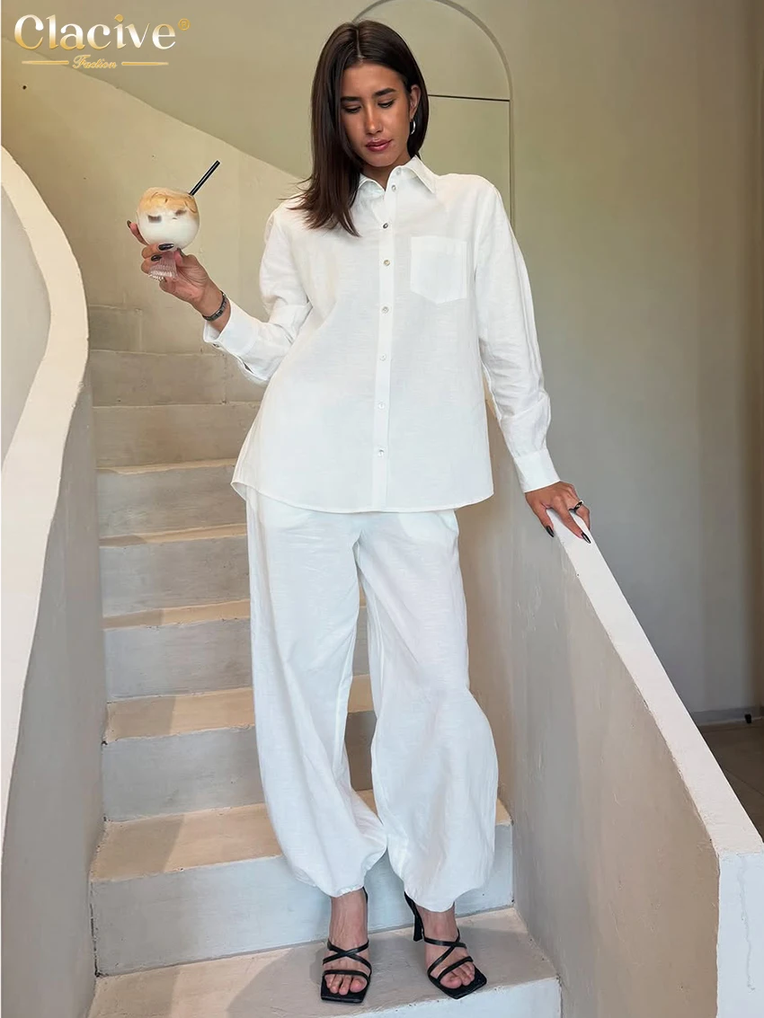 

Clacive Fashion Loose White Cotton 2 Pieces Set Woman 2025 Elegant Long Sleeve Shirt With High Waist Pants Set Female Clothing