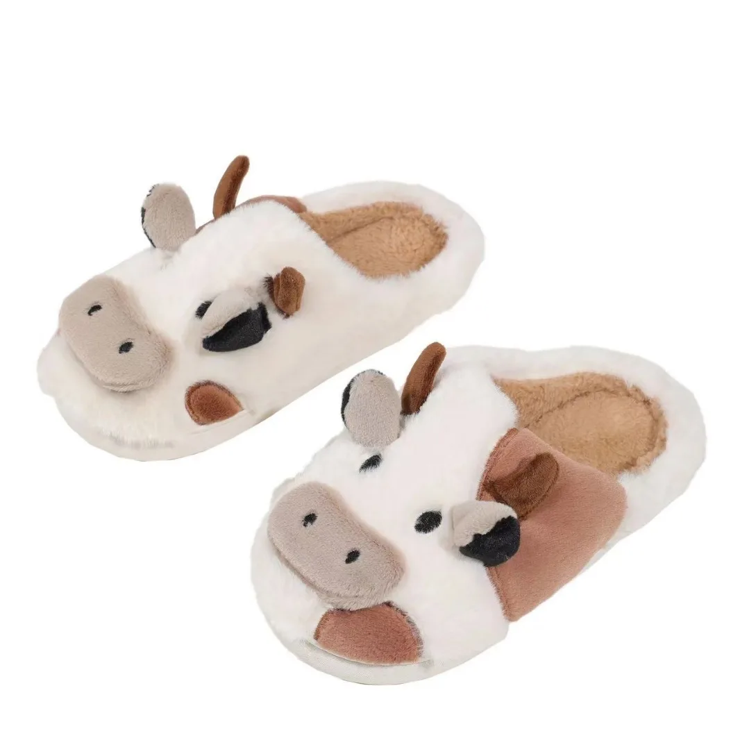 Girls Winter Non Slip Home Shoes Children Cute Cartoon Cow Heel Wrap Slippers Boy Plush Warm Soft Soled Comfortable Cotton Shoes