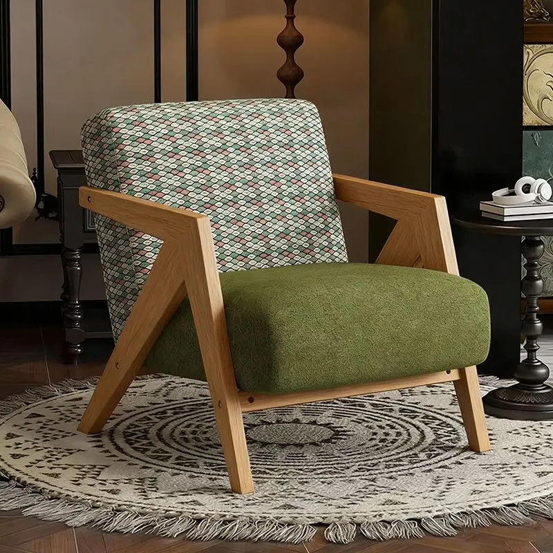 Chair Solid Wood Armchair Vintage Jacquard Upholstered Single Sofa Leisure Reading Chair for Living Room Bedroom Home Furniture