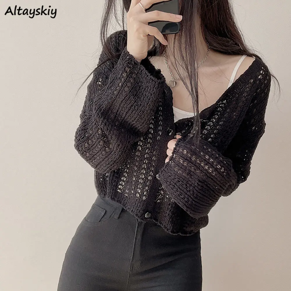 

Cropped Cardigan Women V-neck Chic Korean Fashion Simple Hollow Out Spring Ladies Knitwear Sun-proof Basic Cozy Clothing College