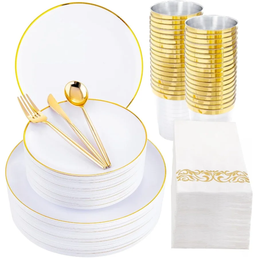 

350Pcs White and Gold Dinnerware Set, Gold Party Plates Includes:50 Dinner Plates, 50 Dessert Plates, 150 Gold Plastic Cutlery,5