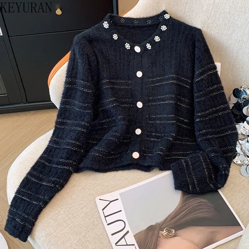 2024 Autumn Winter Striped Knitted Sweater Cardigan Women's Vintage O-Neck Long Sleeve Peals Beading Sweaters Ladies Tops Jumper