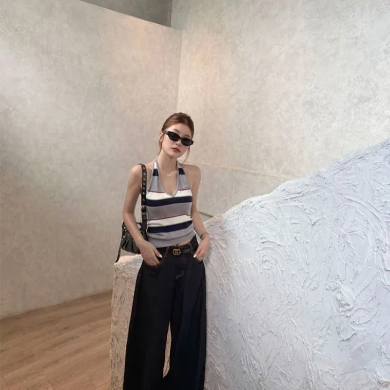 Korean Striped Halter Knit Tank Top, V Neck Slim Cropped Backless Design, Stretch Color Block Sleeveless Vest for Women