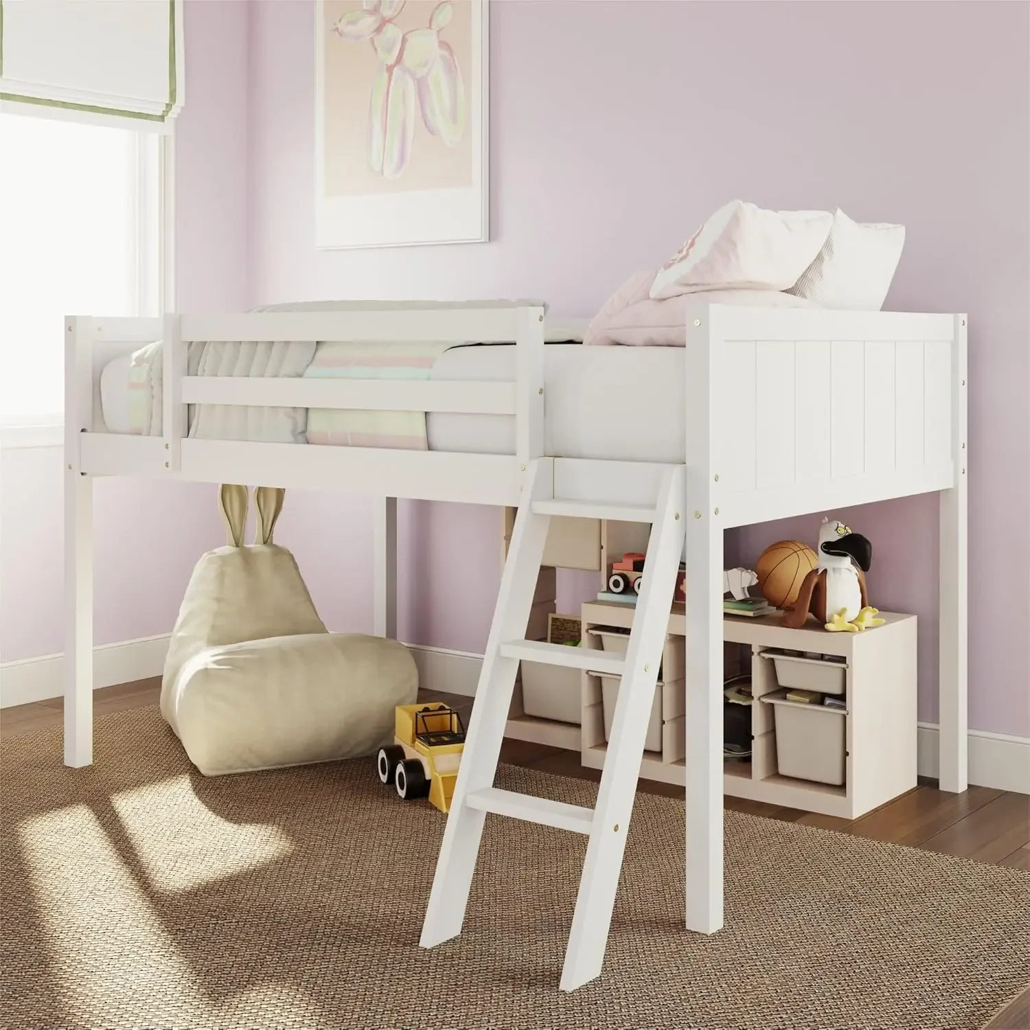 Ladder,Wooden Low Loft Bed with Guardrail for Kids or Teens,Space Saving,No Box Spring Needed,Twin Size, White Color