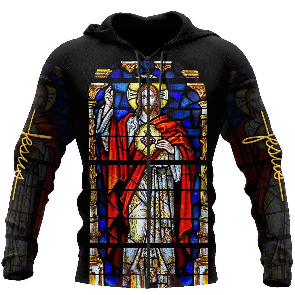 Men Hoodies Jesus Latin Cross Retro Graphic 3D Printing Zipper Hoodie Men Pullovers Fashion Street Oversize Man Clothing Tops