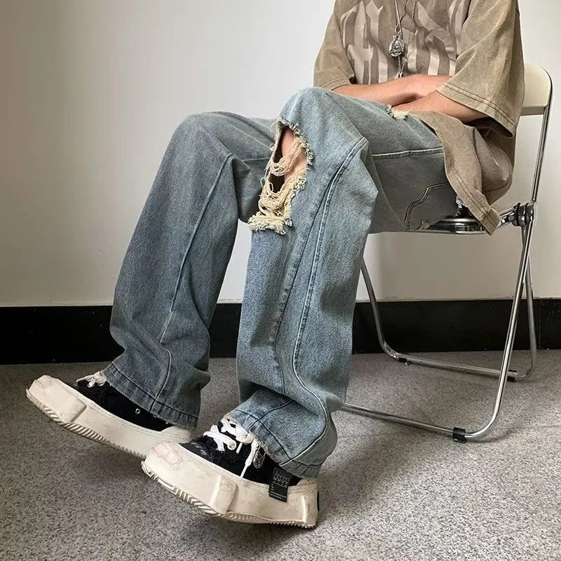 Spring New Ripped Jeans Men American Vintage Loose Wide-legged Straight Full Length Pants High Street Fashion Denim Pants Male