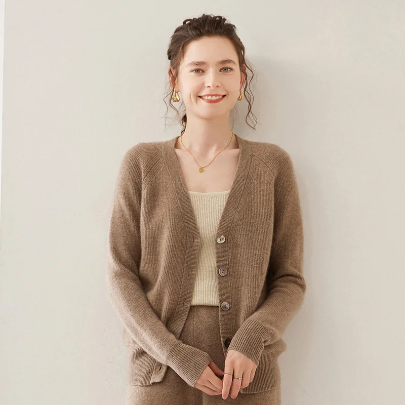 

New women's cashmere sweater cardigan 100% cashmere V-neck knitted jacket long sleeved hot selling fashionable solid color top