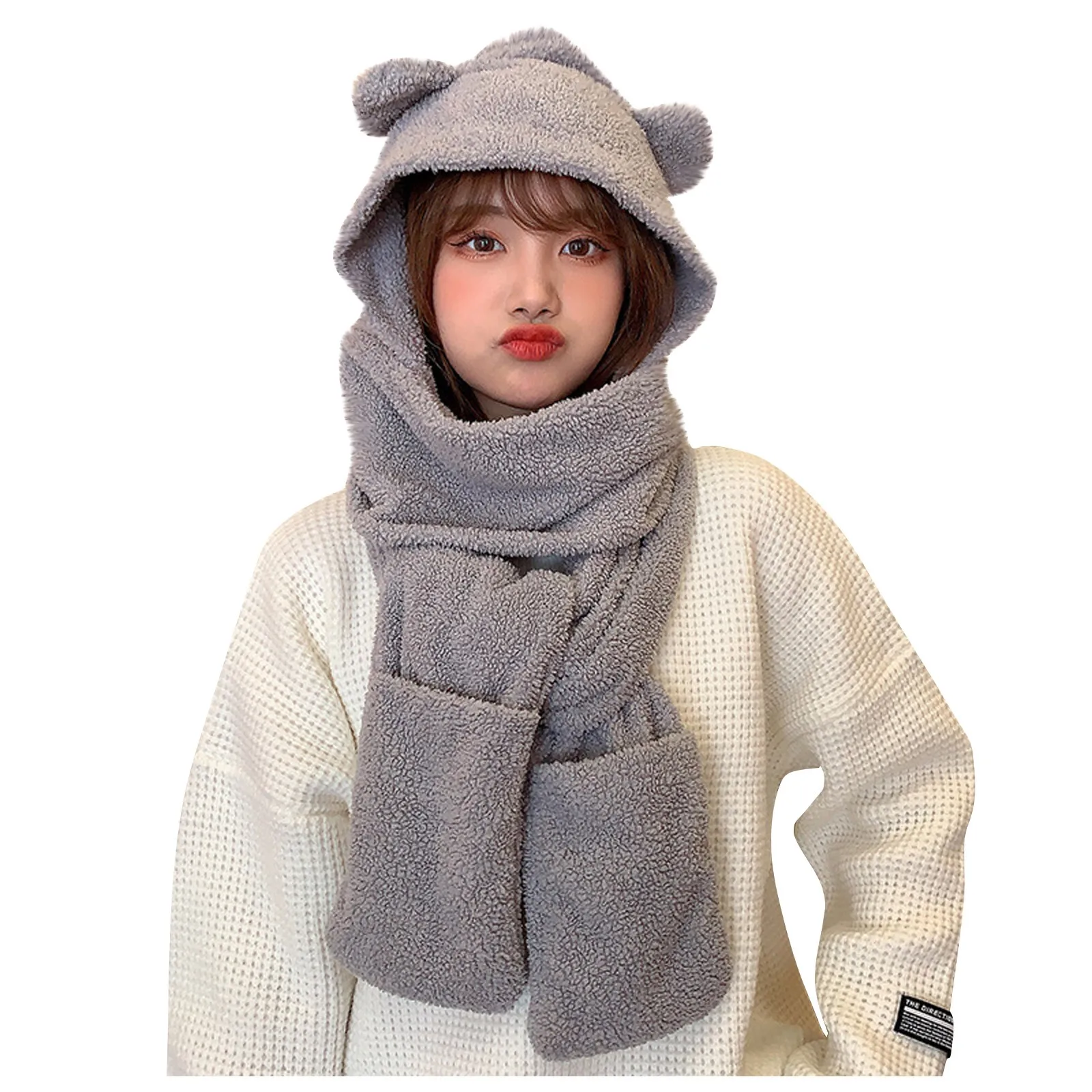 Winter Lamb Wool 3-In-1 Cute Bear Ear Hat Scarf Gloves Set Women Caps Warm Casual Plush Neck Hats Casual Fleece Girls Beanies