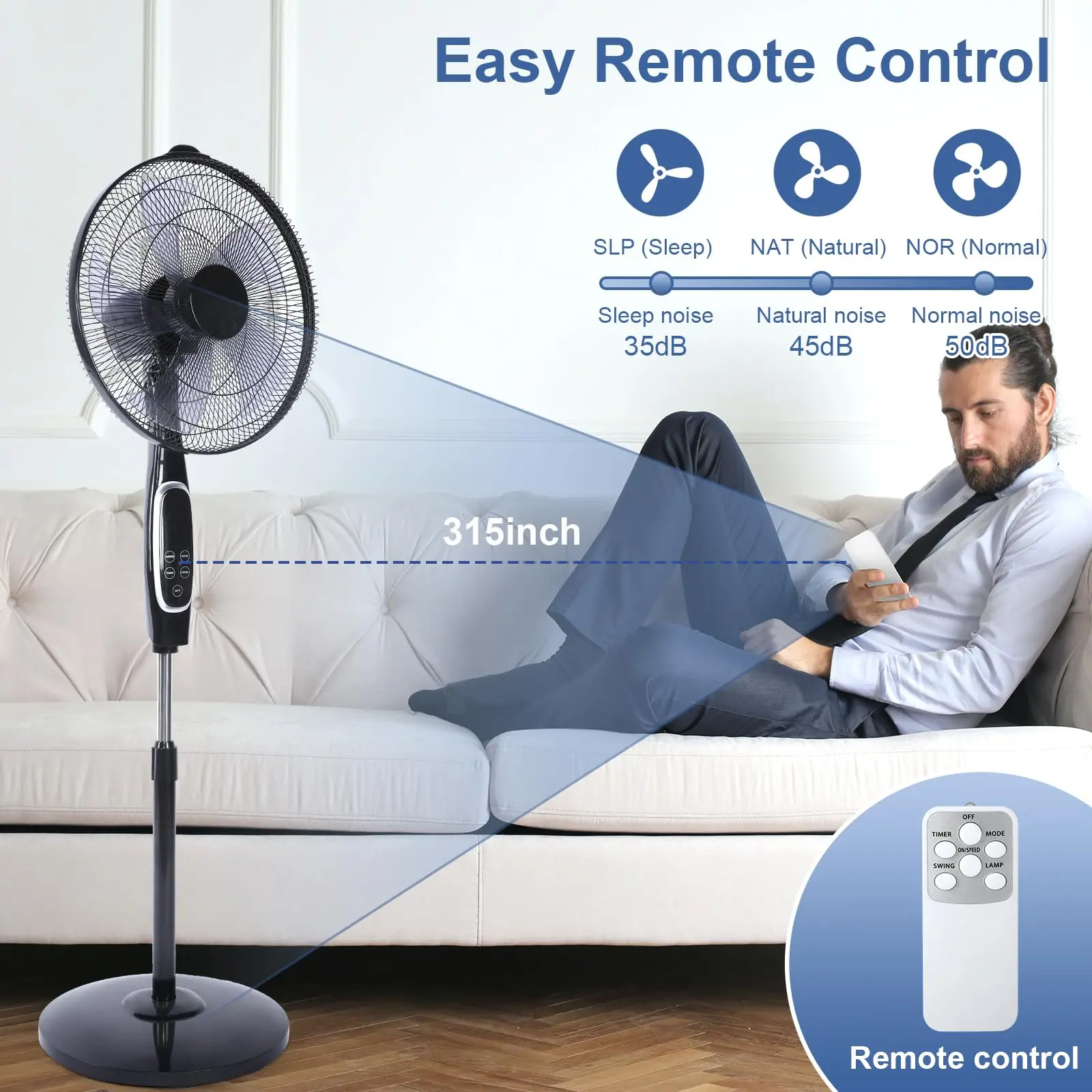 16-Inch Fan Floor Standing Fan with Remote Control-3 Speeds 45 Degree Oscillation and Timer Strong Winds Low Noise Fan For Home